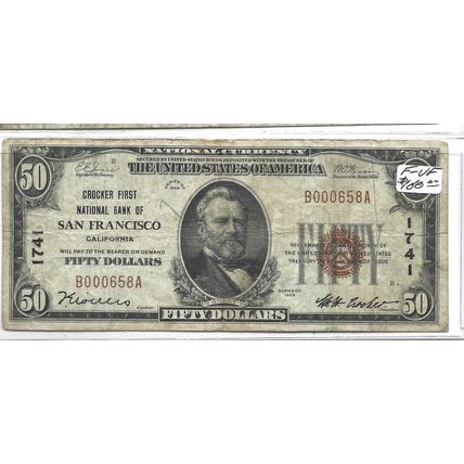 1929 $50.00 Bill The Crocker First National Bank of San Francisco Ca, #1741 VF