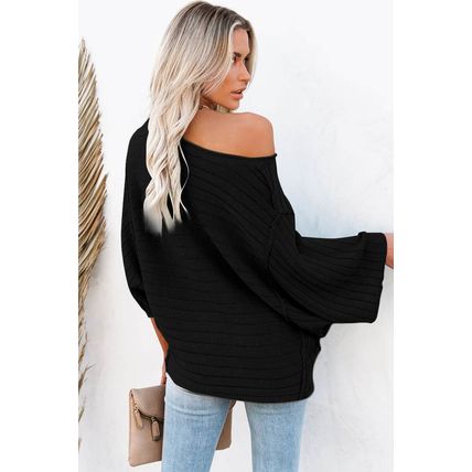 Black Exposed Seam Ribbed Knit Dolman Top