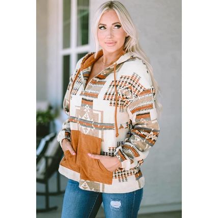 Beige Aztec Print Kangaroo Pocket Half-Zip Hoodie