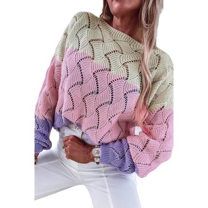 Pink Color Block Hollow Knitted Loose Sweater