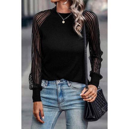 Black Striped Mesh Long Sleeve Crewneck Ribbed Top