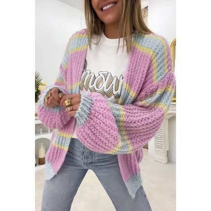 Pink Contrast Striped Open Front Cable Cardigan