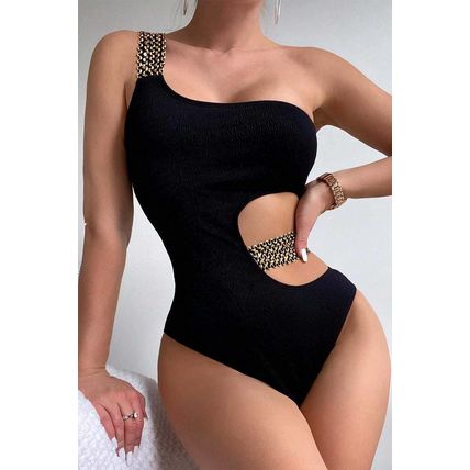 Black Textured Stitch One Shoulder Cutout One Piece Swimsuit