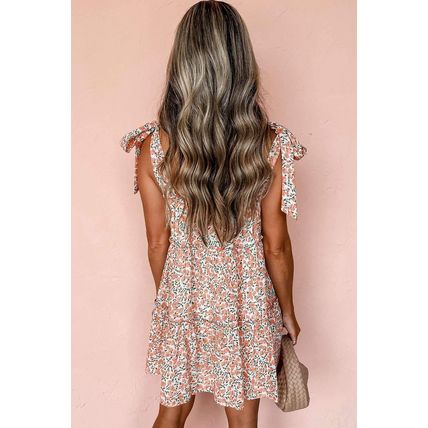 Orange Rose Floral Knotted Straps Tiered Babydoll Dress