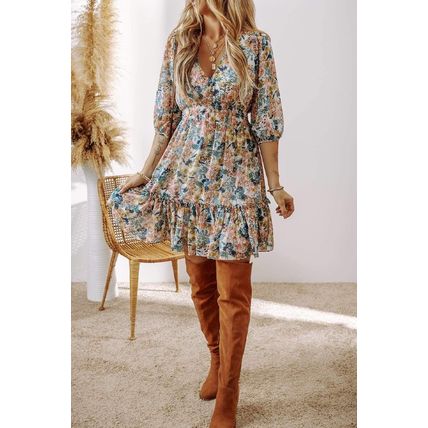 Sky Blue Floral 3/4 Sleeve V Neck High Waist Ruffled Dress