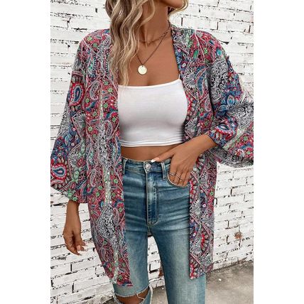 Red Paisley Print Open Front Kimono