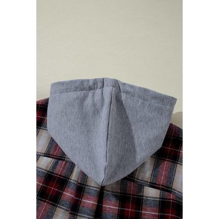 Red Plaid Print Chest Pocket Buttoned Hooded Shacket