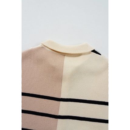 Khaki Stripe Color Block Quarter Zip Collar Short Sleeve Sweater Dress