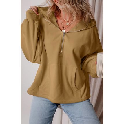 Brown Fleece Lined Half Zipper Kangaroo Pockets Loose Hoodie