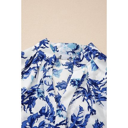 Sky Blue Floral Print Notched Neck Elegant Blouse