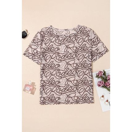 Brown Rodeo Print Round Neck Slim Fit Mesh T Shirt