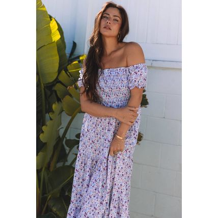 Purple Floral Short Bubble Sleeve Shirred High Waist Maxi Dress
