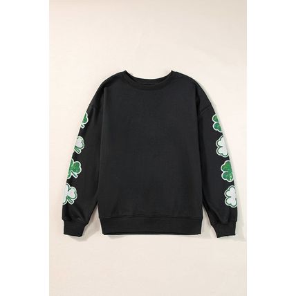 Black Sequin Clover Patched Drop Shoulder Sweatshirt