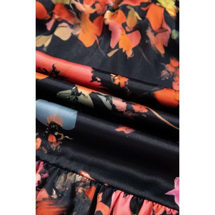 Black Plus Size Floral Print Tie Neck Cinched Waist Long Sleeve Mini Dress