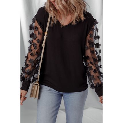 Black Flower Applique Mesh Long Sleeve V Neck Blouse