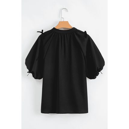Black Bow Decor Puff Sleeve Split Neck Blouse