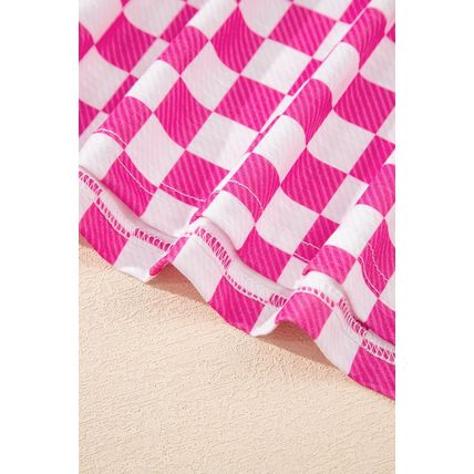 Pink Checkerboard T Shirt and High Waist Skorts 2 Piece Outfit