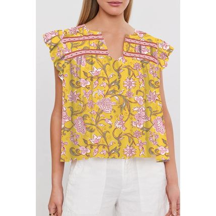 Yellow Floral Notched Neck Ruffled Sleeve Casual Blouse