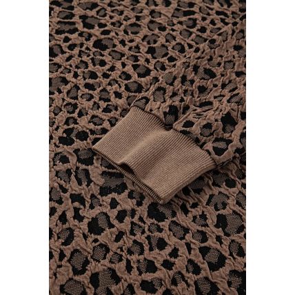 Brown Ribbed Trim Leopard Print Long Sleeve Top