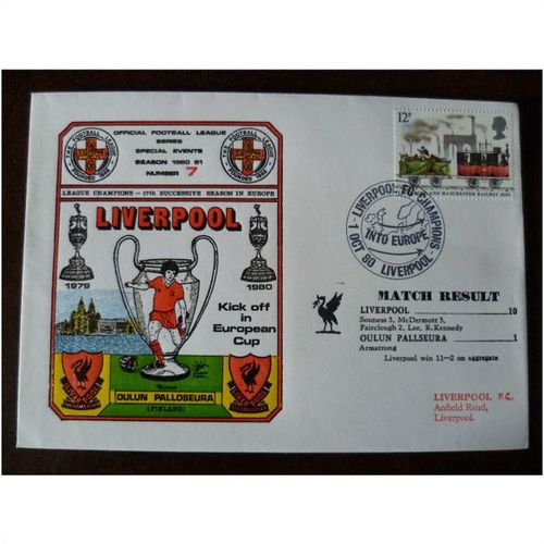 1980 Liverpool v Oulun Pallseura Dawn Football Cover No 7 stamp 3 European Cup