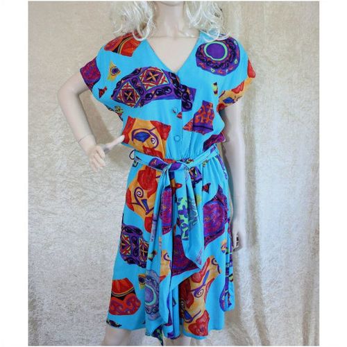 Designer Vintage 1980 Play Suit Dress Size 12 UK Womens Turquoise Purple Red
