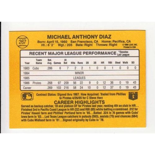 1987 Donruss Mike Diaz RC rookie card #267 -Pirates