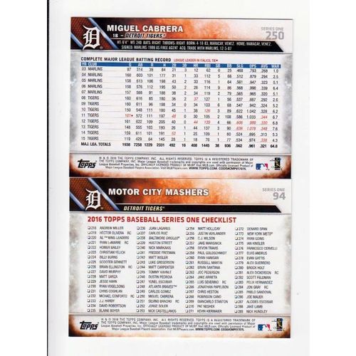 TWO 2016 Topps Miguel Cabrera baseball cards #94 & #250 - J. D. Martinez- Tigers