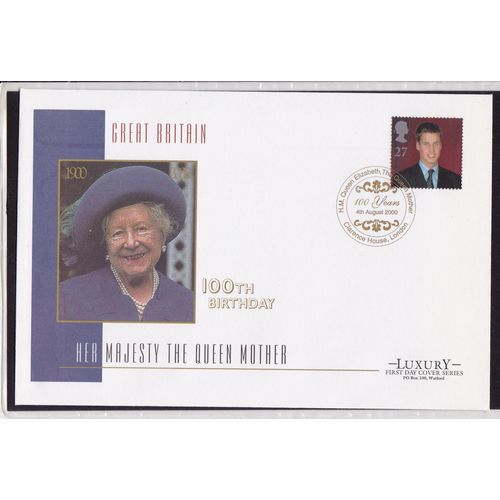 GB 2000 QUEEN MOTHER 100th BIRTHDAY PRINCE WILLIAM 27p ON LUXURY UNADDRESSED FDC