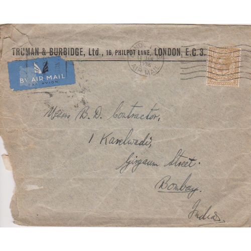 GB 1936 airmail cover to Bombay with 1 shilling brown stamp
