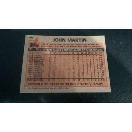 1983 Topps Card # 721 John Martin Excellent (5) St Louis Cardinals