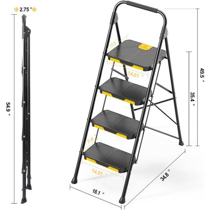 KINGRACK 4 Step Ladder, Sturdy Steel Step Stool with Safe-Lock Design, Handrail,