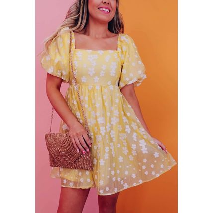 Yellow Boho Flower Jacquard Puff Sleeve Square Neck Mini Dress