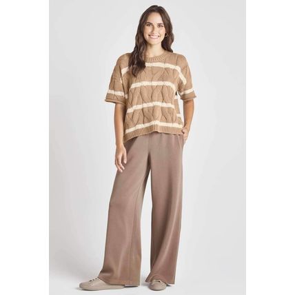 Dark Khaki Striped Cable Short Sleeve Sweater