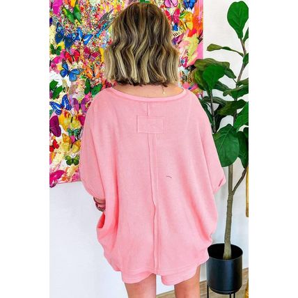Pink Plus Size Ribbed Exposed Seam Tee and Shorts Set
