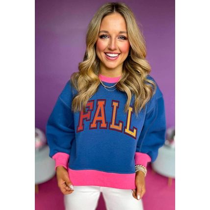 Blue FALL Graphic Color Block Bubble Sleeve Sweatshirt