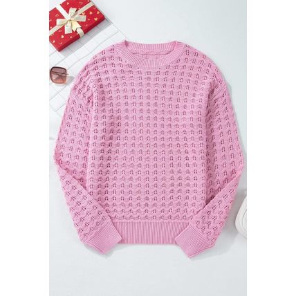 Pink Crochet Knit Drop Shoulder Sweater