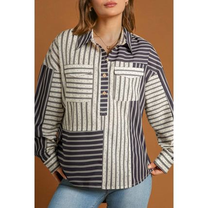 Black Stripe 2-tone Patchwork Half Buttons Chest Pockets Casual Blouse