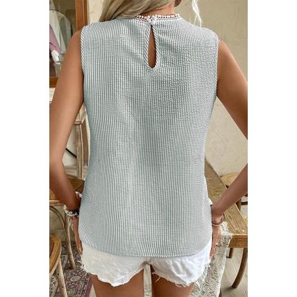 Green Stripe Lace Patchwork Crew Neck Tank Top