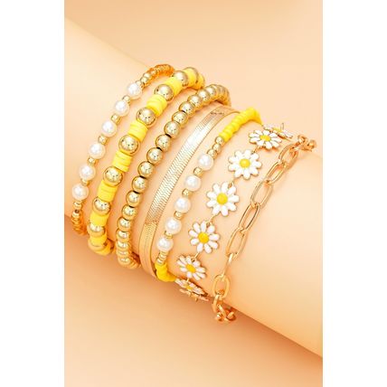 Gold Daisy Beaded Chain Adjustable Multi Layer Bracelet Set