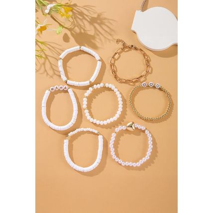 White MAMA Heart Pearl Beaded Chain Multi Layer Bracelet