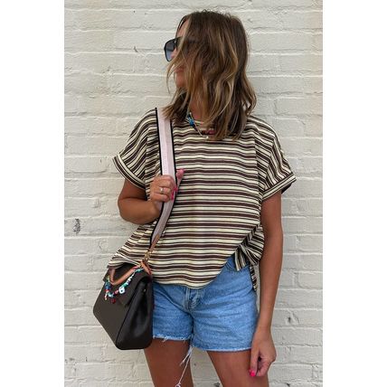Brown Stripe Textured Side Slits Crew Neck T Shirt