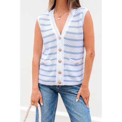 Sky Blue Stripe V Neck Gold Buttons Elegant Sweater Vest