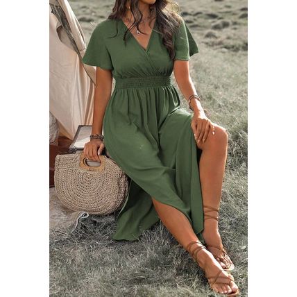 Four Leaf Clover Surplice Neckline Shirred High Waist Plus Size Maxi Dress