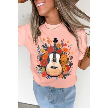 Pink Guitar Flower Print Crew Neck Loose T Shirt