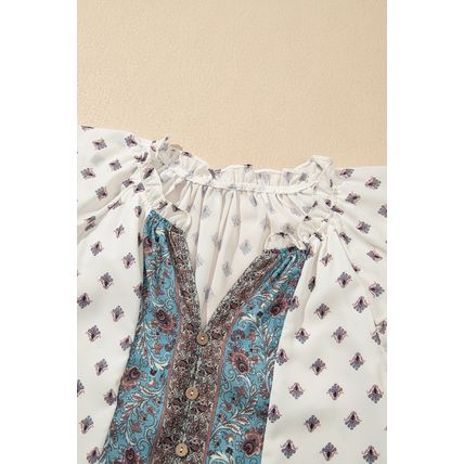 White Boho Pattern Tiered Ruffled Sleeve V Neck Buttoned Blouse