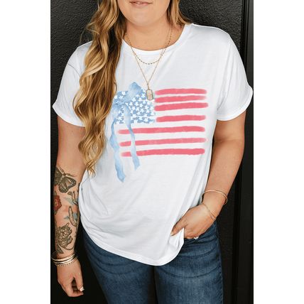 White Bow USA Flag Print Plus Size Independence Day T Shirt