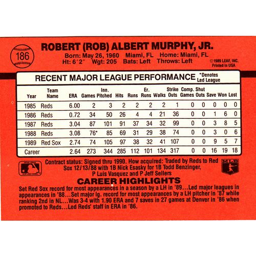 Rob Murphy #186 - Redsox 1990 Donruss Baseball Trading Card