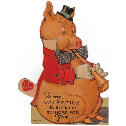 VINTAGE ' VALENTINE CARD ' PIG with arm motion card 1930s