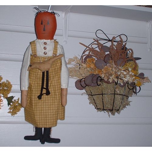 Handmade Painted Pumpkin Head Fabric Doll With Bird Necklace