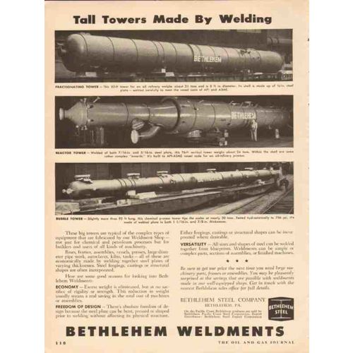 BETHLEHEM STEEL COMPANY 1954 tall towers welding weldments vintage ad